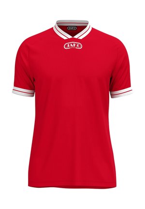 T-shirt de sport rouge à manches courtes avec col et poignets à double rayures blanches, portant un logo JAKO Sport sur la poitrine et à l'intérieur du col.