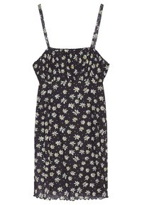 Svart blommig klänning med tunna axelremmar, med en samlad barm och vita och gula prästkragar mönster överallt. Lätt och flödande tyg.