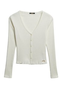 Hvid ribbet cardigan med lange ærmer, V-hals, knaplukning, cropped kant og et subtilt mærke nederst til højre.