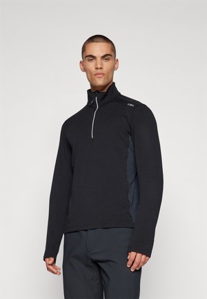 Pullover termico nero con mezza zip, tessuto strutturato, pannelli laterali a contrasto e un sottile logo sulla spalla sinistra.
