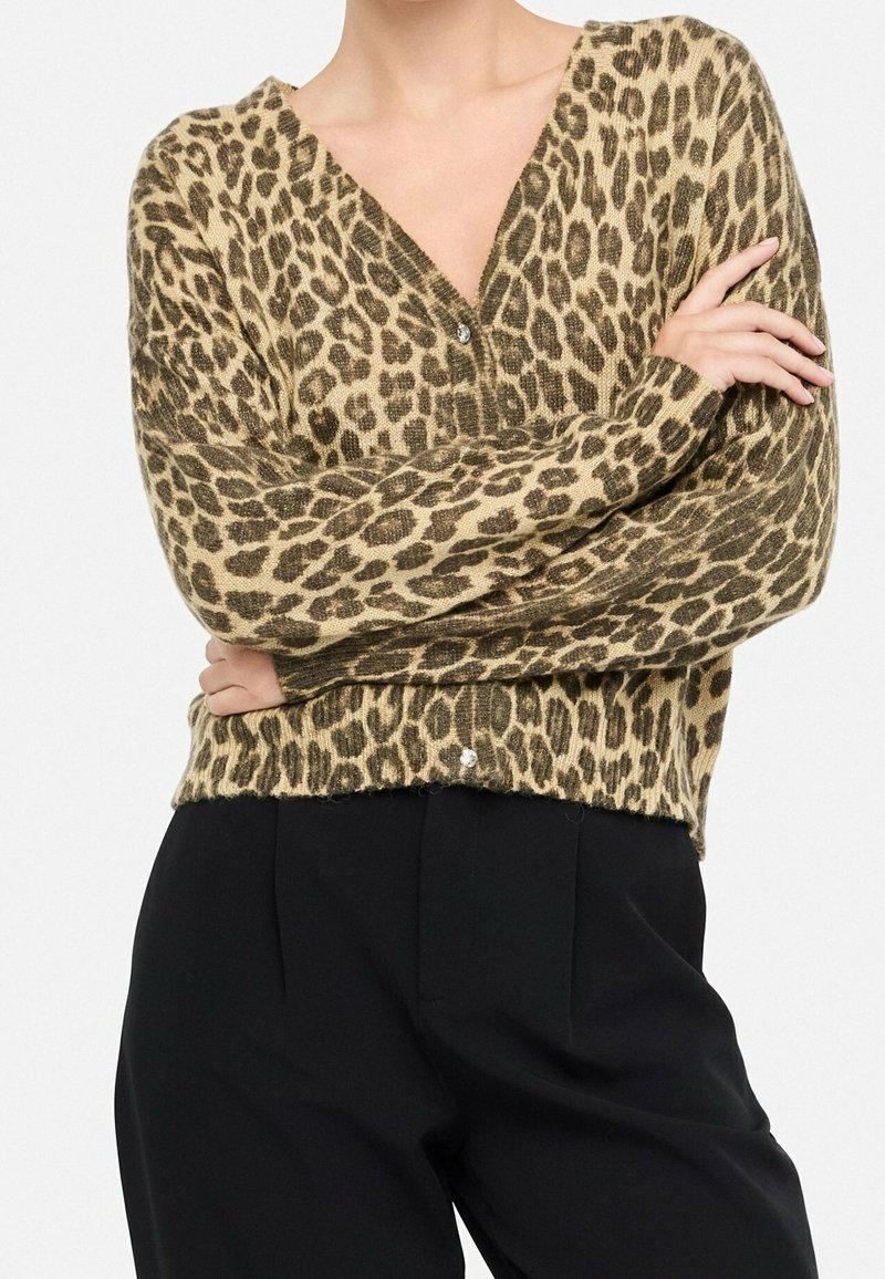 Personne portant un cardigan marron à imprimé léopard en V avec un pantalon noir, les bras croisés sur la poitrine sur un fond blanc.