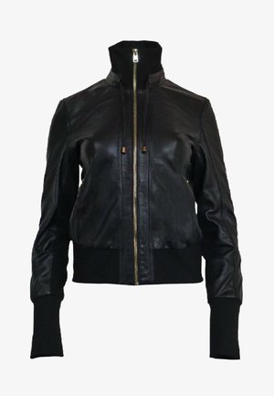 Zwarte leren bomberjack met een hoge kraag, gouden rits en ribgebreide manchetten en tailleband, met een aansluitende pasvorm en een gladde textuur.