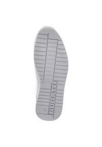 Weiße Sneakersohle mit horizontalen Rillen für Traktion, mit eingeprägtem "BUGATTI"-Logo und Größe "42" an der Seite. Glatte Oberfläche.