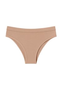 Beige hoge taille slip van zachte stof. Kenmerkt een elastische tailleband, een gladde textuur en naadloze randen voor comfort en pasvorm.