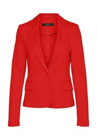 Blazer rouge au design ajusté, fermeture à un bouton, deux poches avant et un tissu lisse et extensible. Revers taillés et manches longues.