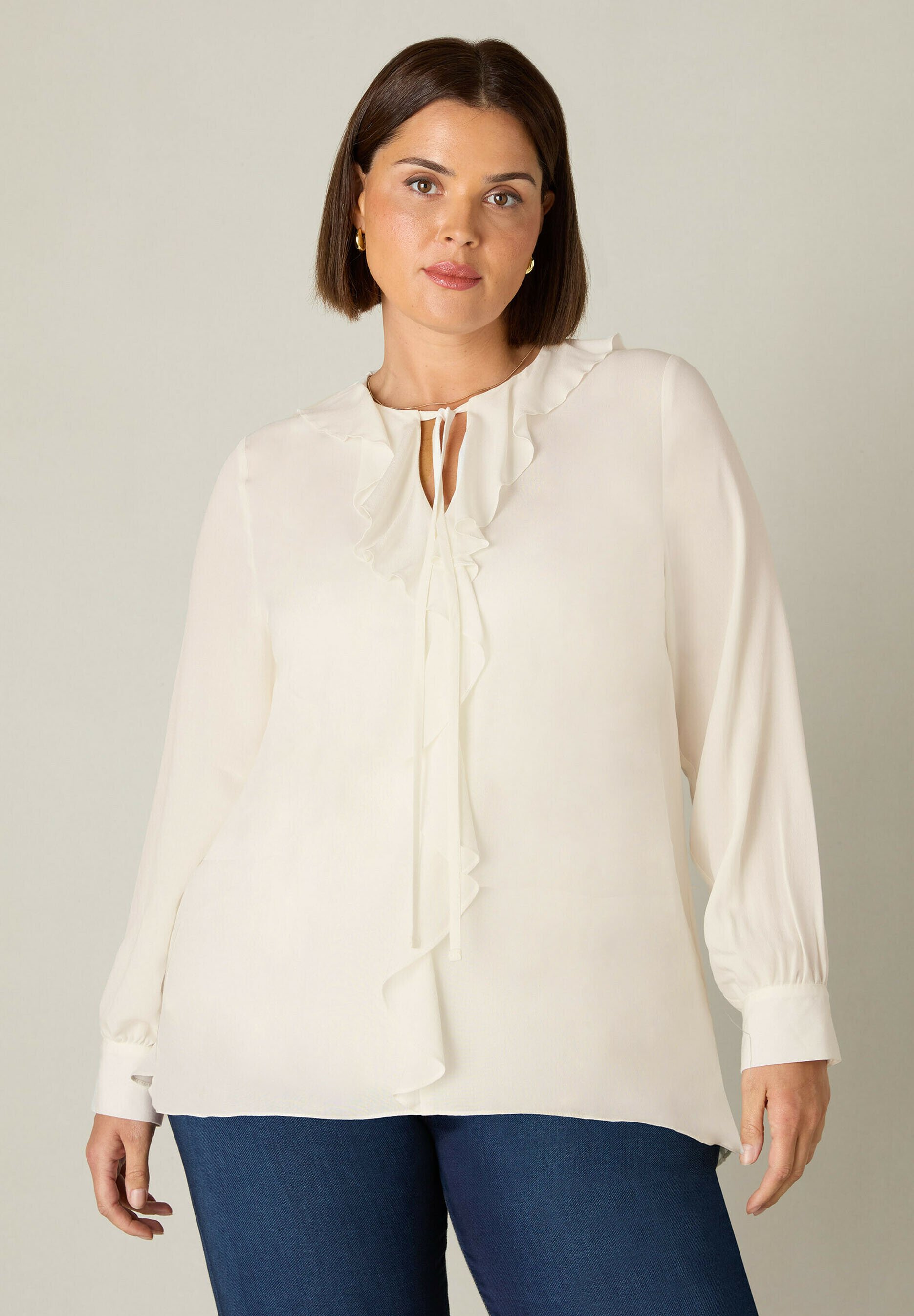 white ruffle front blouse plus size