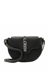 Zwarte leren crossbody tas met een gestructureerde afwerking, voorzien van een klep sluiting en zilverkleurige hardware met "L. CREDI." Verstelbare schouderband inbegrepen.