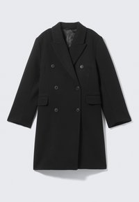 Black double-breasted wool coat with wide lapels, six buttons, flap pockets, and long sleeves, displayed on a flat white background.