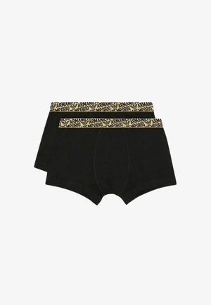 Due paia di boxer da uomo neri con fascia in vita beige con ripetute scritte "EMPORIO ARMANI" e logo aquila.