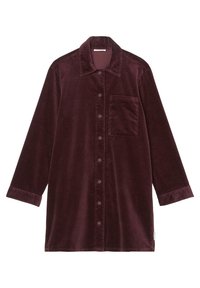 Burgundy corduroy shirt jacket with long sleeves, button closure, pointed collar, and a single chest pocket. Soft texture and ribbed design.