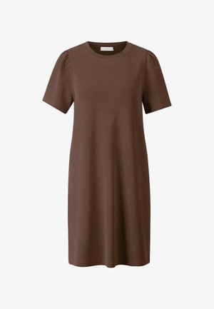 Brown short-sleeve dress with round neckline and slight puff shoulders, knee-length, simple and casual style.