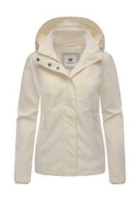 Ivory jack met een gevoerde capuchon, rits aan de voorkant en ribbeltextuur. Voorzien van drukknopen en zijzakken. Merklabel zichtbaar aan de binnenkant.