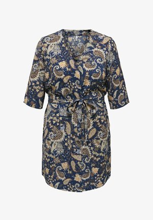 Navy blue floral wrap dress with short sleeves, featuring a tie waist and ornate paisley and floral patterns in gold and cream tones.
