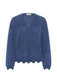 Blue knit cardigan with a textured finish, open front, and scalloped hem. Features long sleeves and a relaxed fit, made from soft yarn.