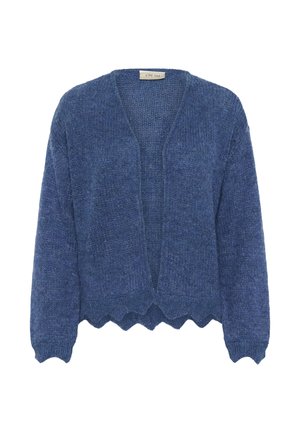 Blue knit cardigan with a textured finish, open front, and scalloped hem. Features long sleeves and a relaxed fit, made from soft yarn.