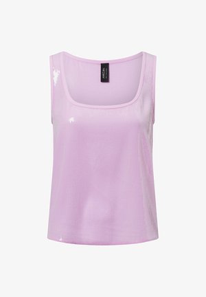 Lilafarbener Tanktop aus strukturiertem Stoff, mit quadratischer Ausschnitt, breiten Trägern und reflektierenden Akzenten für zusätzliche Details.