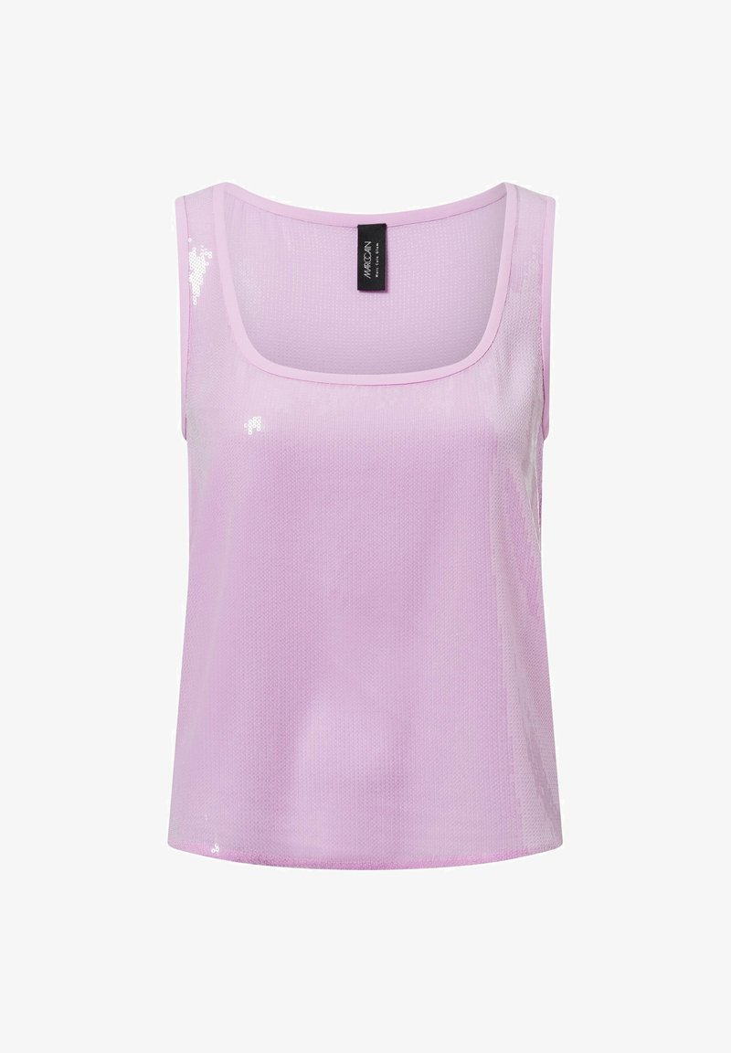 Lila tanktop van gestructureerde stof, met een vierkante halslijn, brede banden en reflecterende accenten voor extra detail.