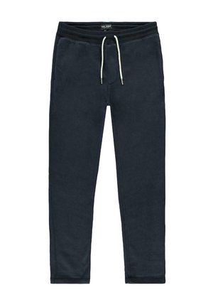 Marineblauwe joggingsbroek gemaakt van zachte stof, met een elastische tailleband met witte trekkoord en zijzakken.