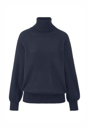 Maglione a dolcevita blu navy realizzato in tessuto morbido. Presenta polsini e orlo a coste aderenti, e maniche leggermente svasate per un fit rilassato.
