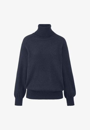 Navyfarbener Rollkragenpullover aus weichem Stoff. Besitzt eng anliegende gerippte Bündchen und Saum sowie leicht gepuffte Ärmel für eine lässige Passform.