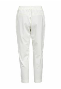 Weiße, elastische Bundhosen mit glatter Textur, tapered Bein Design und zwei Gesäßtaschen. Keine sichtbaren Beschläge oder Muster.