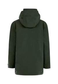 Groene waterdichte jas met capuchon, gladde textuur, minimalistisch ontwerp, achteraanzicht; beschikt over logodetails op de bovenrug.