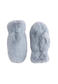 Gray faux fur mittens featuring a plush texture, rounded shape, and seamless design, suitable for cold weather.