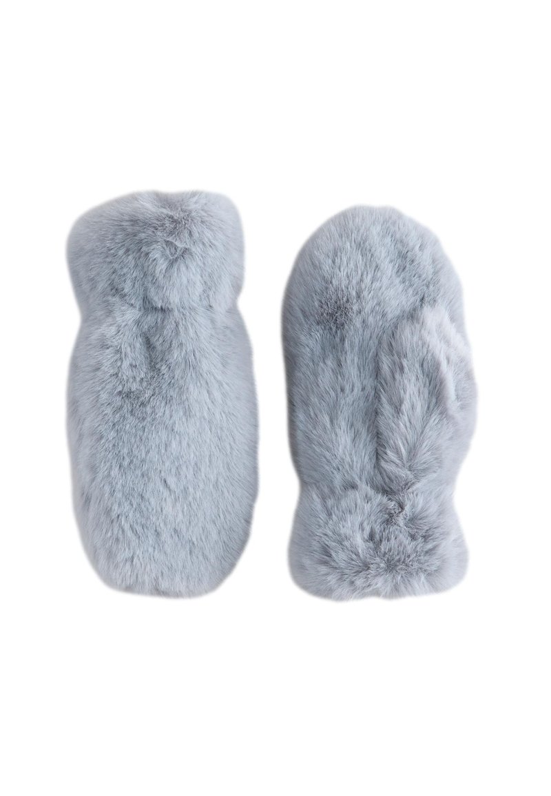 Gray faux fur mittens featuring a plush texture, rounded shape, and seamless design, suitable for cold weather.
