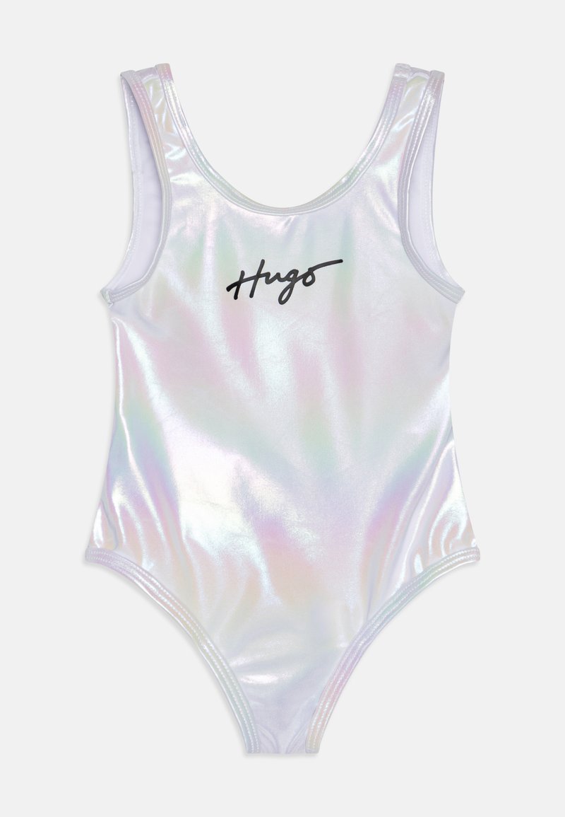 Μαγιό με branding Hugo από ιριδίζον ύφασμα, διαθέτει βαθύ λαιμό, λεπτές τιράντες και μίνιμαλ σχεδίαση με μαύρο λογότυπο.