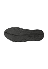 Zwarte rubberen schoenzool met gestructureerd oppervlak, met een brede, platte vorm en een uitgesproken profielpatroon voor grip. Logo in de zijkant gedrukt.