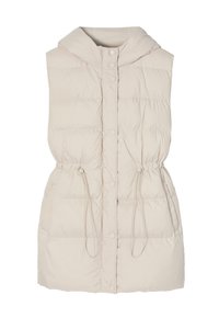 Light beige padded vest with a hood, drawstring waist, snap button closure, and side pockets. Smooth texture and sleeveless design.