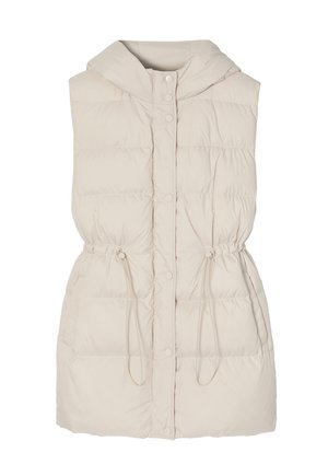 Lys beige polstret vest med hætte, snøre i taljen, trykknaplukning og sidelommer. Glat tekstur og ærmeløst design.