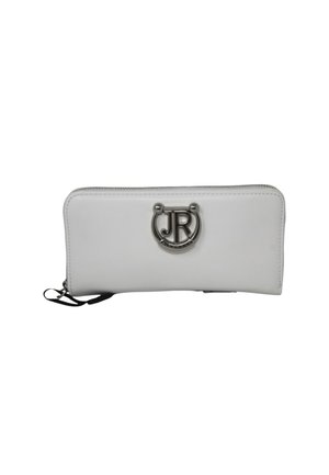 Portafoglio rettangolare bianco con zip, targhetta con logo JR argento sul davanti e piccolo cinturino nero da polso attaccato alla zip.