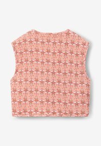 Haut sans manches court en pêche clair avec un motif floral décoratif et une texture subtile, présentant un col rond et un ourlet cousu.