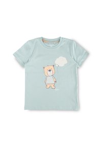 Light blue cotton t-shirt featuring a cartoon bear holding a balloon, wearing a striped shirt. Short sleeves and round neckline.