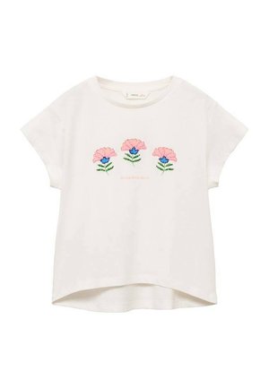 T-shirt blanc à manches courtes avec un col rond. Présente des fleurs roses brodées avec des feuilles vertes et des accents bleus. Ourlet incurvé.