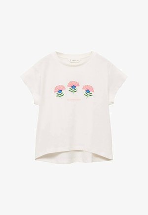 T-shirt blanc à manches courtes avec un col rond. Présente des fleurs roses brodées avec des feuilles vertes et des accents bleus. Ourlet incurvé.