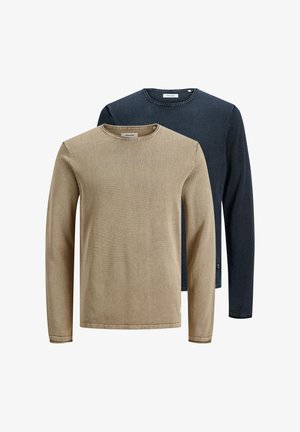 Due maglioni a manica lunga con collo rotondo, uno beige davanti e uno blu scuro dietro, entrambi con orli cuciti e design semplice.