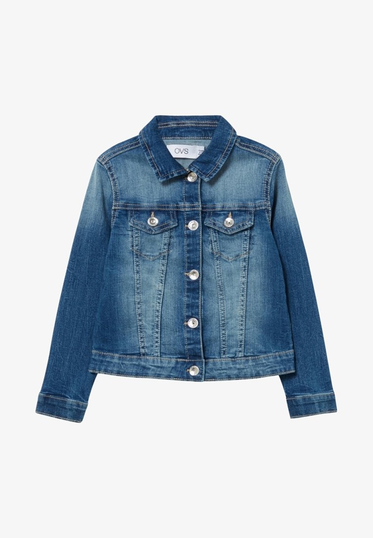 Džínová bunda, středně modrý odstín, zapínání na knoflíky, dvě náprsní kapsy, dlouhé rukávy, mírné vyblednutí, stříbrné kovové knoflíky, design s límcem.