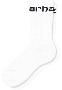 Calcetines de algodón blancos de corte clásico con textura acanalada y logotipo negro impreso. Los calcetines tienen una puntera reforzada y un acabado suave.