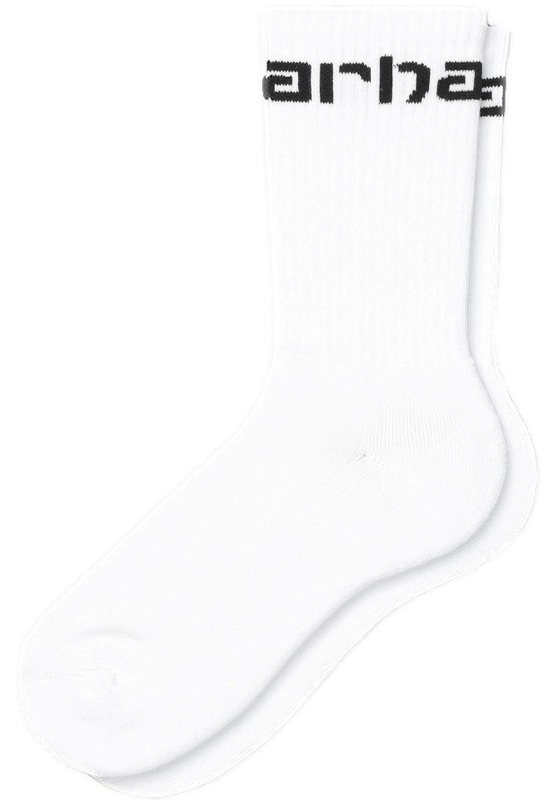 Calcetines de algodón blancos de corte clásico con textura acanalada y logotipo negro impreso. Los calcetines tienen una puntera reforzada y un acabado suave.