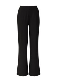 Pantalon noir à jambes larges avec un tissage texturé, doté d'une taille élastique et d'une coupe ample. Tissu lisse sans motifs visibles.