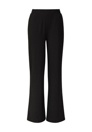 Pantalon noir à jambes larges avec un tissage texturé, doté d'une taille élastique et d'une coupe ample. Tissu lisse sans motifs visibles.