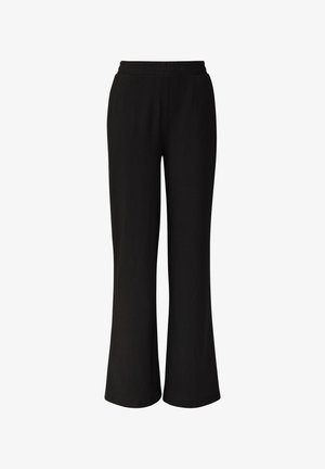 Black wide-leg pants with a textured weave, featuring an elastic waistband and a loose fit. Smooth fabric with no visible patterns.