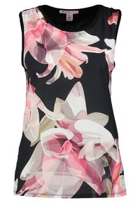 Top sans manches présentant un fond noir avec de grands motifs floraux colorés en rose et blanc. Fabriqué en tissu léger avec un col rond.