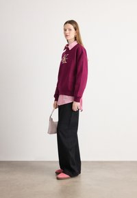 Bordový sveter s logom, položený na ružovej pruhovanej košeli. Čierne široké nohavice s trblietavými akcentmi a ružové topánky. Malá ružová taška.