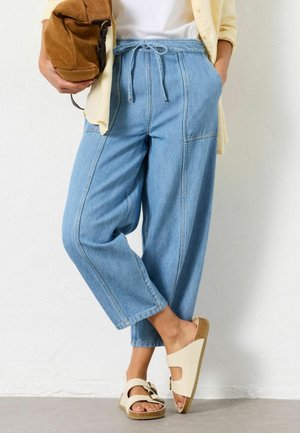 Svetlomodré široké rifle z denimu s prednými švami a bočnými vreckami, skombinované s béžovými sandálmi s výrezmi a textúrovanou podrážkou.