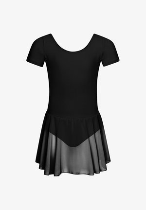 Justaucorps de ballet noir à manches courtes avec une jupe en voile attachée, conçu pour la danse ou les performances.