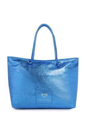 Bolsa tote azul brillante con asas dobles, forma rectangular y logo "V°73 Gold Elisabetta Armellin" en el centro delantero.
