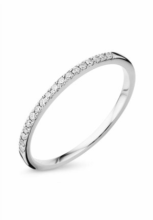 Slim silver band ring featuring a row of small round clear stones along the top edge, polished finish, and seamless design.